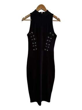 Black Ribbed Lace Up Bodycon Dress Edgy Minimal Night Out